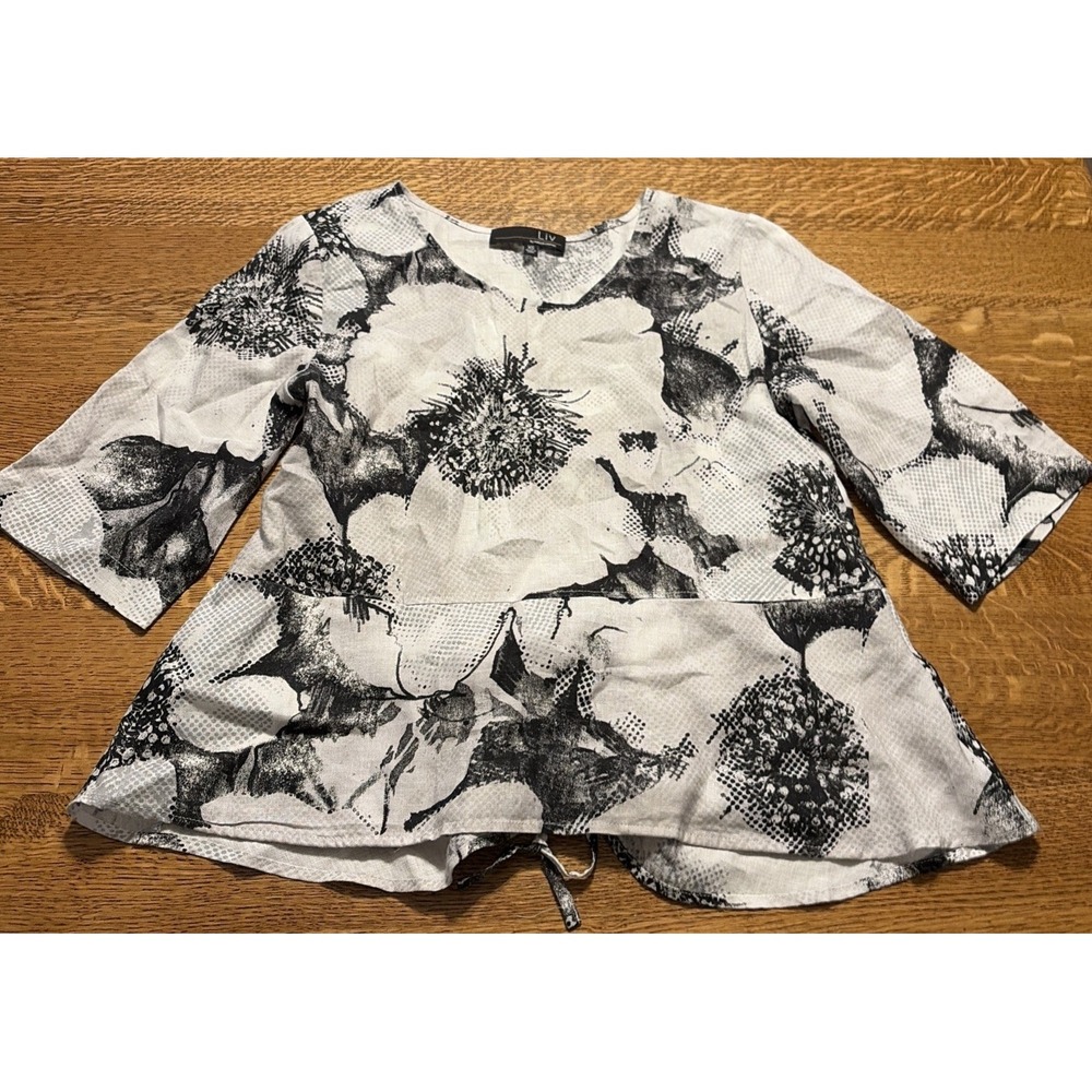 LIV by Habitat Cinch Pocket Top Grey Floral 100% Linen 3/4 Sleeve Lagenlook XS
